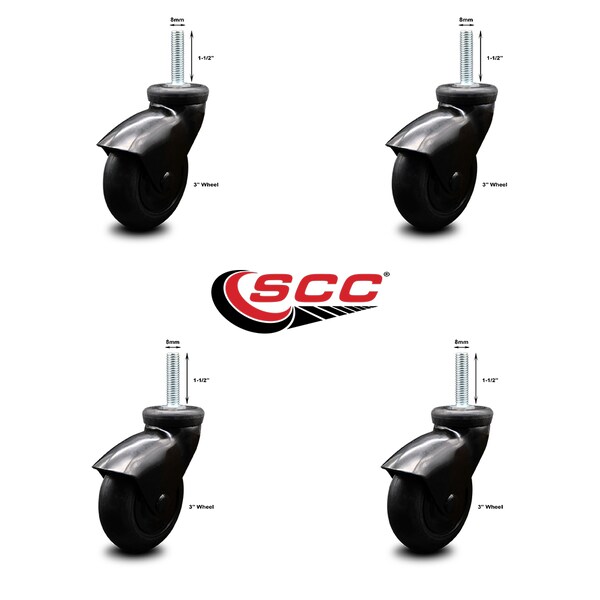 3 Inch Black Hooded Neoprene Rubber 8mm Threaded Stem Casters SCC, 4PK